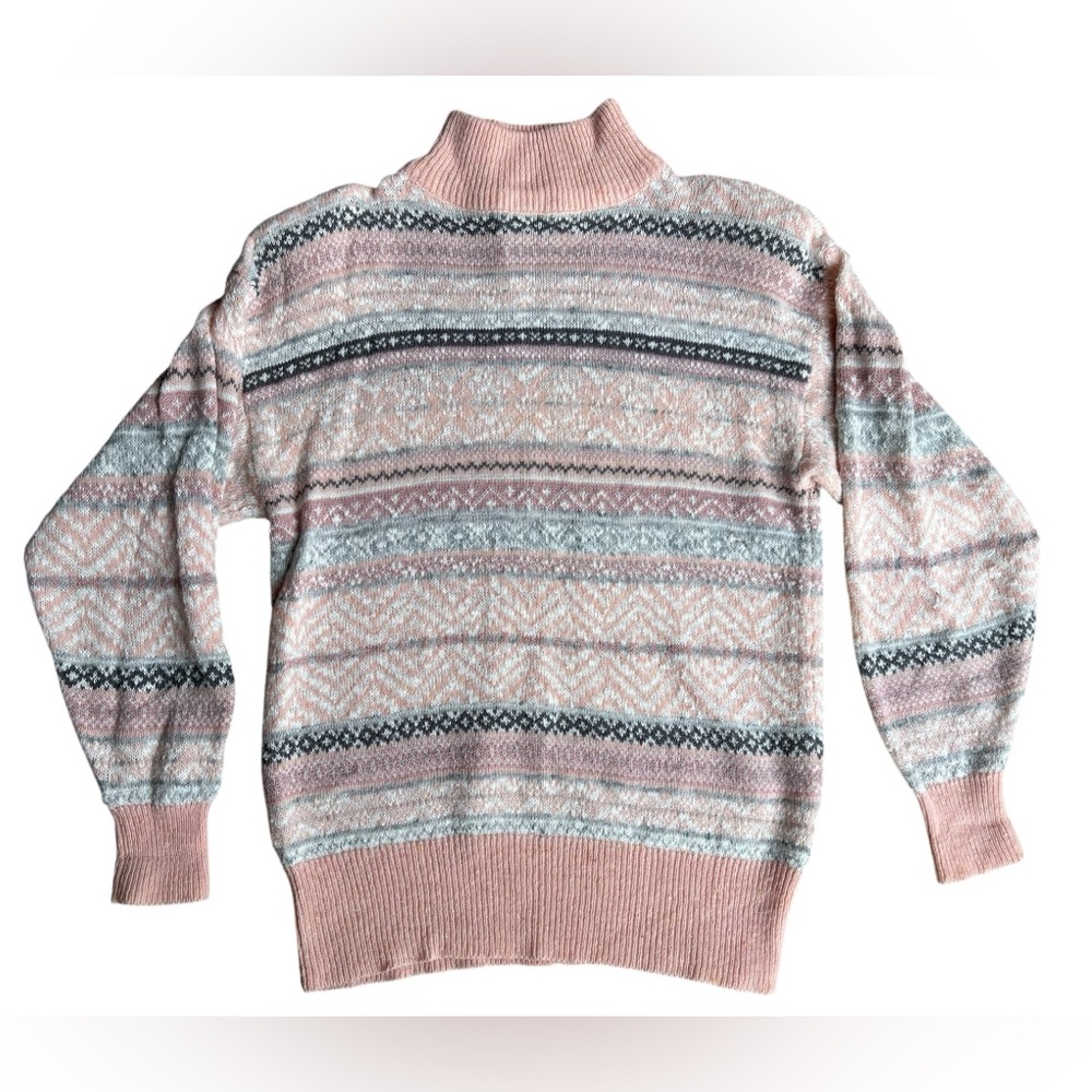 VTG 90s Pink Fair Isle Geo Striped Sweater Soft Wool-Blend Kawaii Pastels Sz M